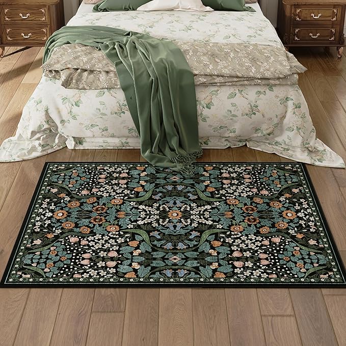 2x3 Floral Washable Area Rug for Kitchen, Non-Slip Soft Vintage Boho Carpet, Botanical Forest Green Small Low Pile Rugs for Bedroom, Entryway, Home Office, Dorm, Black and Green