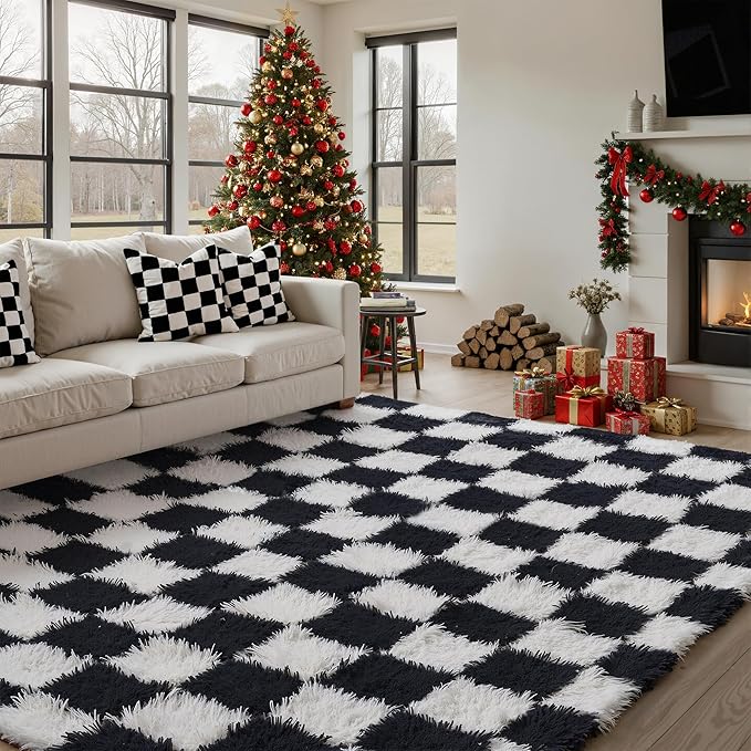 Checkered Rug 8x10 for Living Room, Black and White Modern Shag Rug Washable Non-Slip Large Area Rug Super Soft Indoor Fuzzy Carpet Fluffy Rugs for Bedroom Home Aesthetic Decor