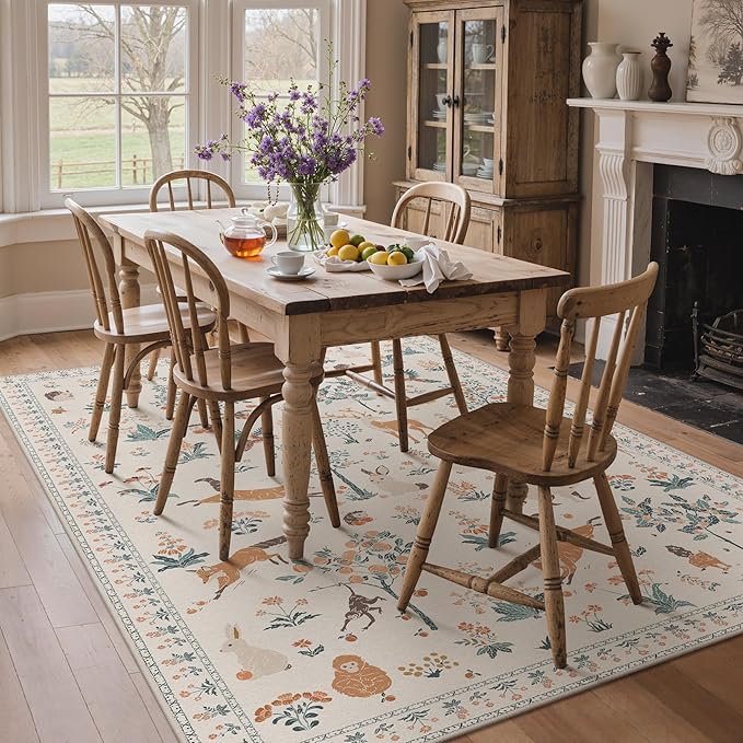 Area Rugs 6x9 Rug for Living Room,Floral Animal Print Area Rug, Machine Washable Non Slip Low Pile Girl Room Carpet for Bedroom, Dining Room, Nursery,Playroom, Beige