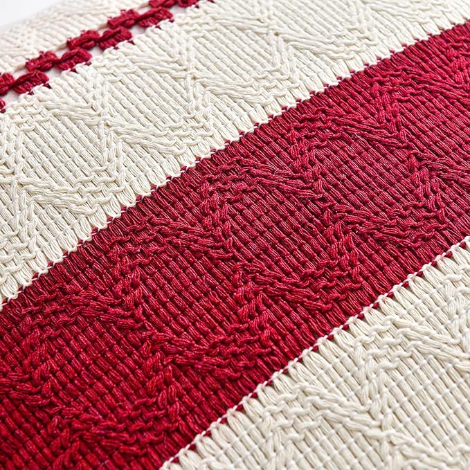 Fancy Homi Set of 2 Boho Red Decorative Throw Pillow Cover 20x20 Inch for Couch Bed Sofa, Aesthetic Modern Organic Farmhouse Home Decor, Soft Cotton Cute Accent Macrame Woven Cushion Case