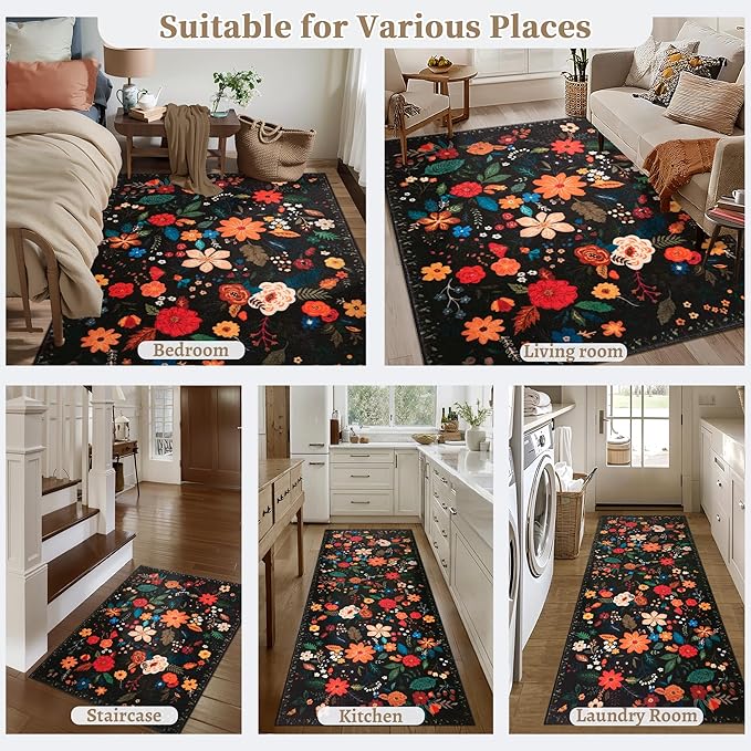 Tangsoo 2x3 Small Area Rug for Entryway, Non Slip Machine Washable Boho Floral Entry Rug, Soft Low Pile Throw Rugs Door Mat Indoor Entrance Floor Carpet for Bedroom Kitchen Bathroom, Kids Room(Black)