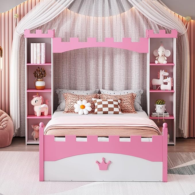 Castle-Shaped Wooden Platform Bed with Storage Shelf, Dreamy Twin Size Kids Platform Bed for Girls Boys Bedroom, Sturdy Slats Support (White+Pink Castle)
