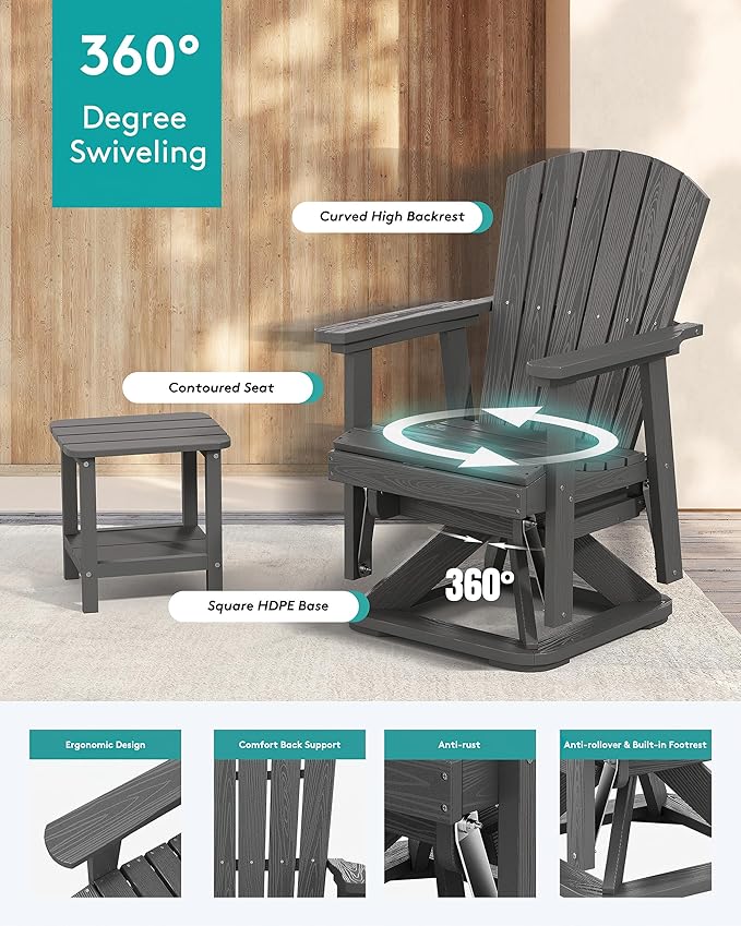 SERWALL Adirondack Swivel Glider Chair, HDPE Glider Rocking Chair for Outdoor, All-Weather Glider Chair for Porch, Balcony, Grey