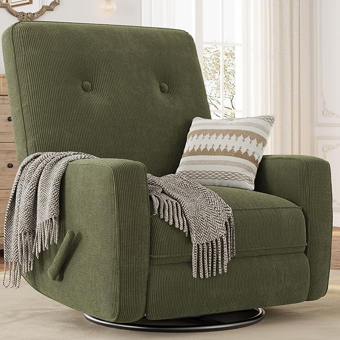 GarveeHome Recliner Chairs, Swivel Rocker Recliner, Glider Recliner Nursery Chair for Adults, 360° Swivel Glider Rocking Chair for Living Room, Bedroom, Office, RV, Small Spaces, Corduroy, Green