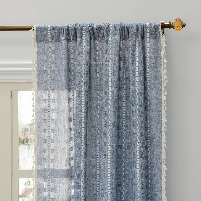 Deeprove Denim Blue Boho Curtain 96 inches Length for Bedroom Dining Room, Rustic Country Bohemian Sheer 96 inches Long Stripe Embroidery Privacy Window Tassel Cottage Decor W52 x L96, 1 Panel