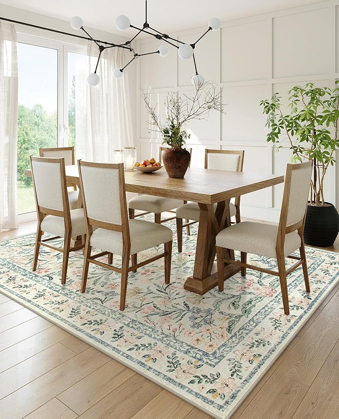 Wonnitar Boho Washable Rug 8x10, Large Area Rug for Living Room, Soft Floral Carpet for Bedroom Non Slip, 8 x 10 Indoor Beige Carpets for Nursery Dining Room Apartment Office Decor