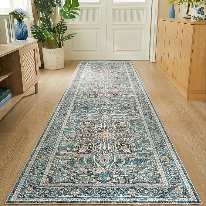 WITSHOCK Teal Wshable Runner 3x12: Long Runner Rug Boho Soft Low Pile Stain Resistant Foldable Carpet for Bedroom Hallway Entryway Kitchen Indoor Entrance, Vintage Distressed Farmhouse Home Decor