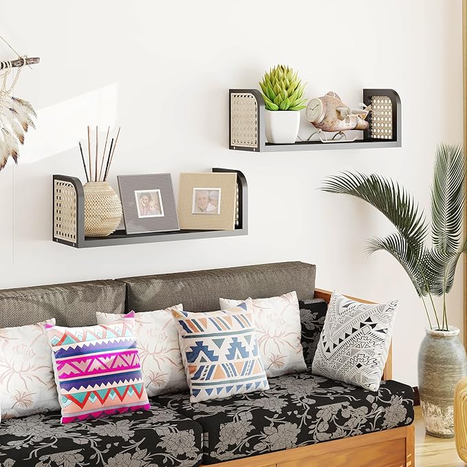 Black Rattan Shelf Set of 2, Nursery Shelves Wall Mounted, Natural Hanging Bookshelf Storage, Boho Decorative Floating Shelves for Kids Room, Living Room, Play Room, Bedroom, Home Decor