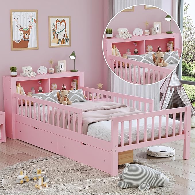Wood Twin Size Platform Bed with Safety Fence for Kids Boys Girls, Platform Bed Frame with Practical Headboard and 2 Under-Bed Drawers, Sturdy Slats Support (Pink-3.15)