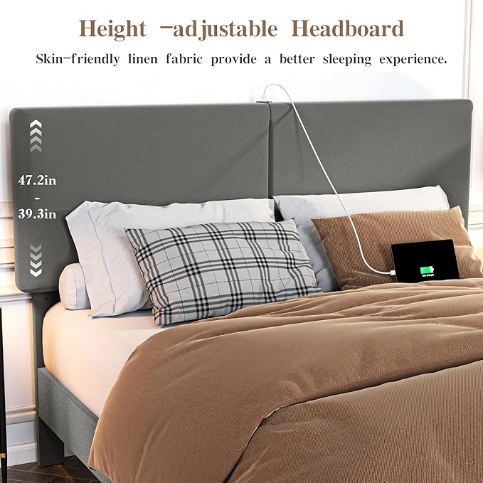 VECELO Full Size Bed Frame, Upholstered Platform with Height-Adjustable Headboard, Wooden Slats Support, Under-Bed Space, No Box Spring Needed, Easy Assembly, Dark Grey