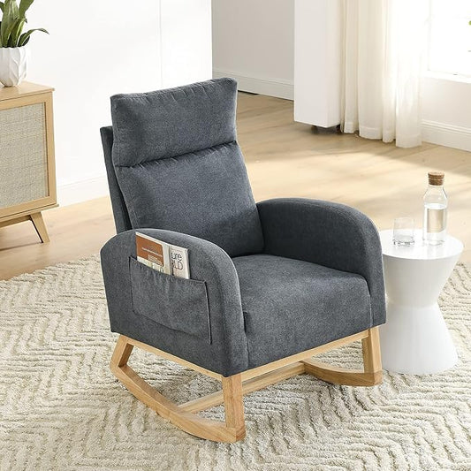 Nursery Rocking Chair with Solid Wood Legs, Glider Chair for Nursery with Two Side Pockets, Rocker Armchair for Living Room Bedroom (Dark Grey, Linen Fabric)