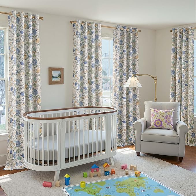 jinchan Nursery Curtains 95% Blackout Blue Floral Curtains for Kids Room, 96 Inch Length Farmhouse Drapes for Bedroom Living Room Darkening Window Treatment Grommet Top Set of 2 Panels