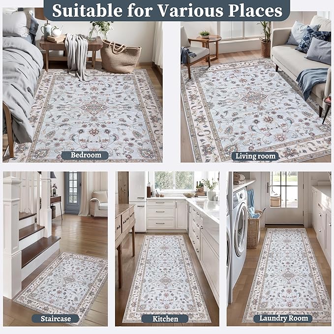 Tangsoo 5x7 Washable Area Rug, Non Slip Boho Persian Rug for Living Room Bedroom, Vintage Light Blue Floral Indoor Carpet, Soft Low Pile Mats for Bathroom Office Laundry Kid & Pets Friendly Home Decor