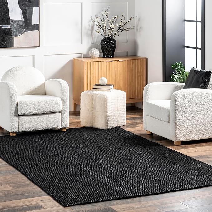 nuLOOM 5x8 Rigo Jute Hand Woven Area Rug, Black, Solid Farmhouse Design, Natural Fiber, For Bedroom, Living Room, Dining Room, Hallway, Office, Kitchen, Entryway