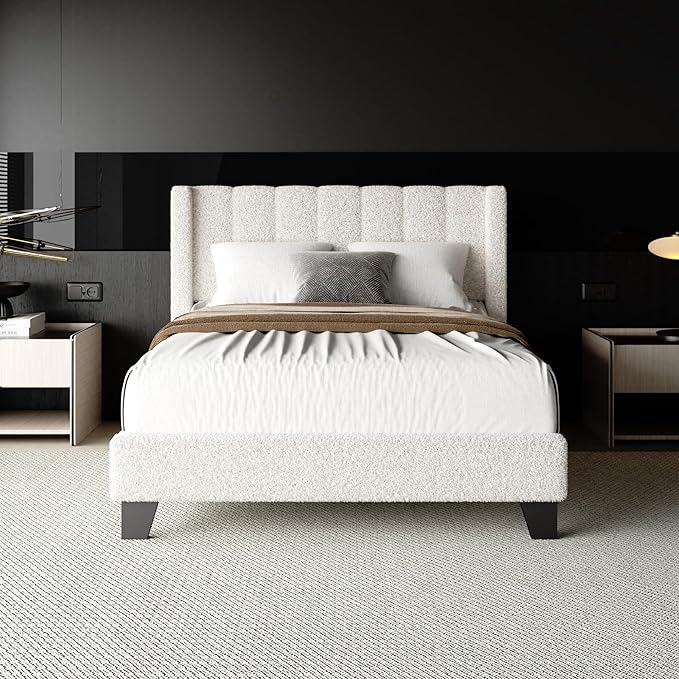 Full Bed Frame with Headboard Upholstered Platform Bed Frame with Teddy Velvet Headboard, Wooden Slats Support/Wing Edge Design/No Box Spring Needed/Easy Assembly, Beige Full