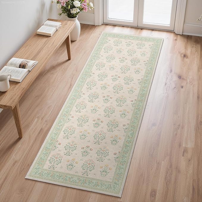 GENIMO 2x6 Vintage Floral Runner Rug, Soft Microfiber Washable Rug with Non-Slip Backing, Green Carpet for Entryway, Kitchen, Bedroom