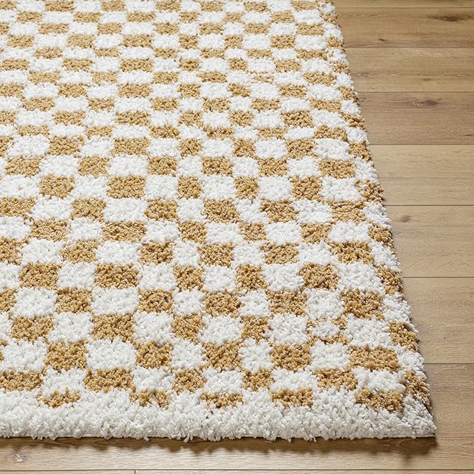 Hauteloom Kieu Contemporary Checkered Fluffy Shag Runner Rug - Modern Geometric Soft Carpet Tiles for Hallway, Kids Room, Nursery - White, Yellow - 2'7" x 7'3"