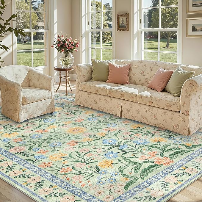 Lahome Boho Light Green Large Area Rugs for Bedroom 9x12, Floral Washable Rugs Living Room, Soft Non-Slip Thin Rug for Nursery Kids Playroom Tween Girls Home, Tea Green
