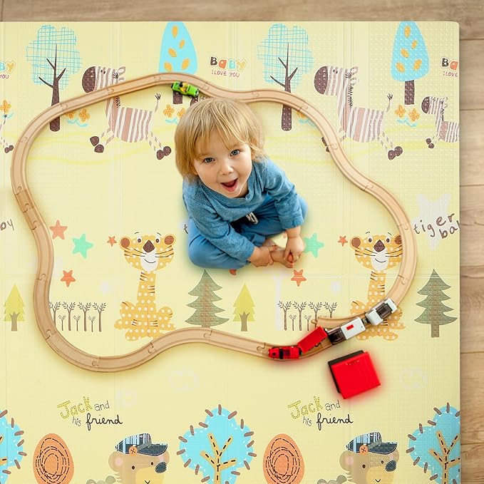 Bammax X-Large 78" x 70" x 0.4" XPE Foam Padded Baby Play Mat + Travel Bag | Waterproof, Reversible & Foldable Design | Baby Crawling Mat & Kids Play Mat – Giraffe & Mixed Animals