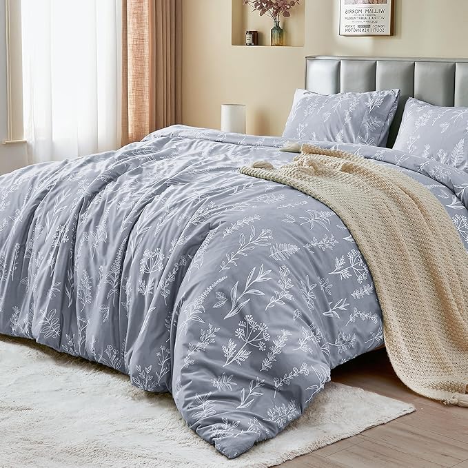 MUXHOMO Duvet Cover King Size, Reversible Floral Grey Duvet Cover Set with Zipper Closure, 3 Pieces Botanical Patterns Soft Microfiber Bedding Set (90"x104", 2 Pillow Cases 20"×36")