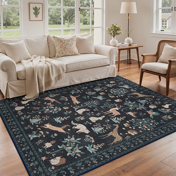 Rugs for Living Room 5x7 Floral Animal Print Area Rug Machine Washable Rug, Non Slip Low Pile Black Carpet for Bedroom, Entryway, Black