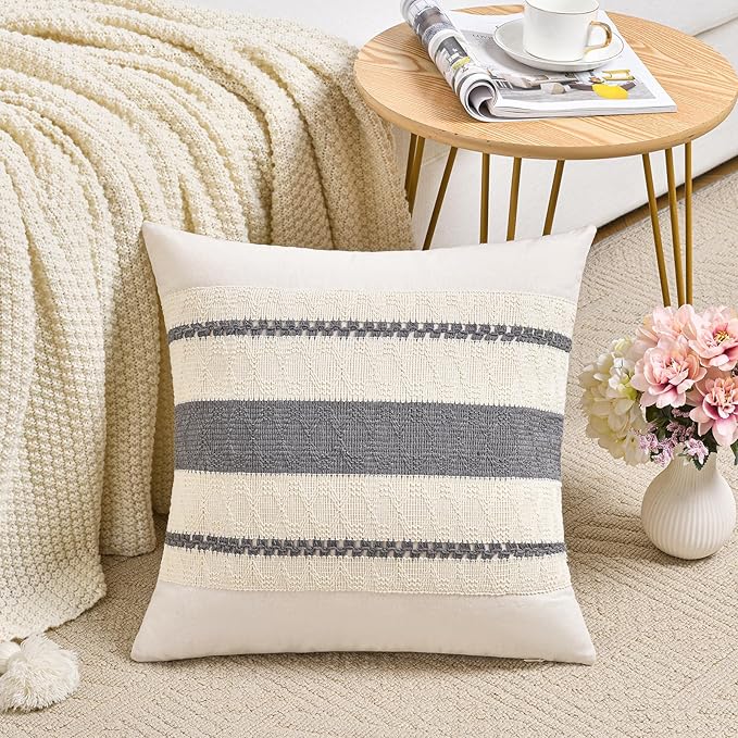 Fancy Homi Set of 2 Neutral Grey Farmhouse Decorative Throw Pillow Covers 18x18 Inch for Couch Bed Chair Indoors, Vintage Country Rustic Retro Room Decor, Soft Thick Cotton Handmade Woven Cushion Case