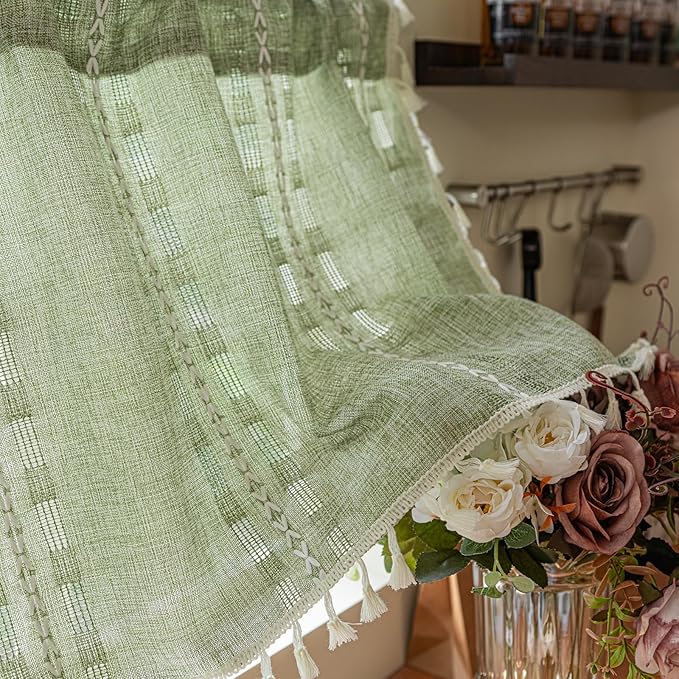 Deeprove Boho Valance Kitchen Short Curtain Tassel, Textured Striped Drape Tier Embroidered Shabby Chic Window Treatment for Cafe Dinging Room Closet, W52 x L18 inch Rod Pocket 1 Panel Sage Green