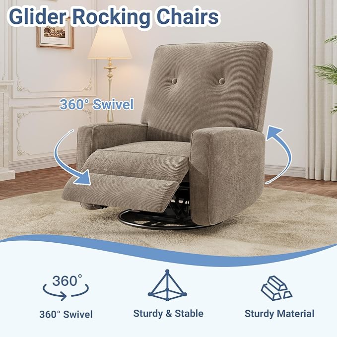GarveeHome Recliner Chairs, Swivel Rocker Recliner, Glider Recliner Nursery Chair, 360 Swivel Glider Rocking Chair for Living Room, Bedroom, Office, RV, Small Spaces, Corduroy, Khaki