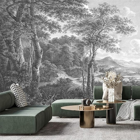 -Vintage Forest Fabric Wallpaper Grey Tree Mural Living Room 180" x 115" (Not Peel and Stick)