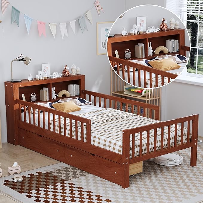 Wood Twin Size Platform Bed with Safety Fence for Kids Boys Girls, Platform Bed Frame with Practical Headboard and 2 Under-Bed Drawers, Sturdy Slats Support (Walnut-3.15)