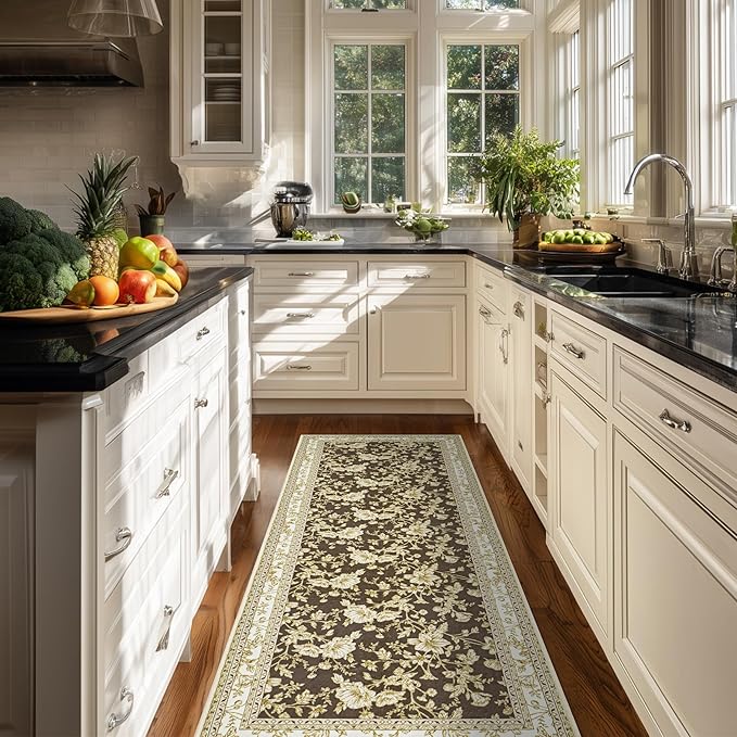 Brown Floral Runner Rug 2x6 for Hallways, Non-Slip Washable Kitchen Runner, Vintage Boho Farmhouse Print Printed Rug Floor Carpet for Bathroom Laundry Bedroom Entryway