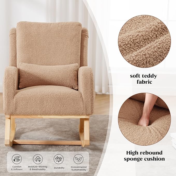 Rocking Chair Nursery, Nursing Rocking Chairs, Upholstered Nursery Glider Rocker Wingback Morden Rocking Chair with Lumbar Pillow for Mom Nursery, Living Room, Bedroom, Teddy Khaki