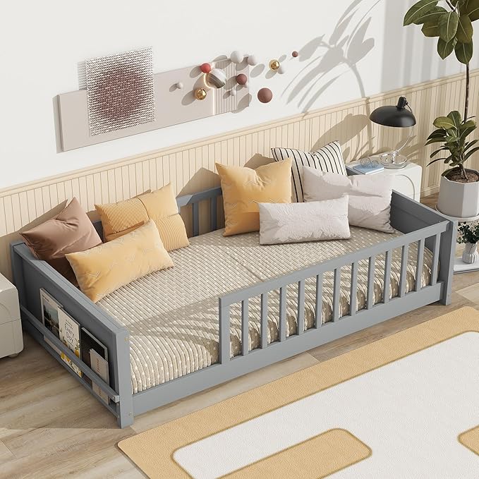 Floor Bed with Rails Twin Size, Wood Montessori Floor Bed with Storage Bookcase, Kids Bed Frame with Fence for Boys Girls, Gray