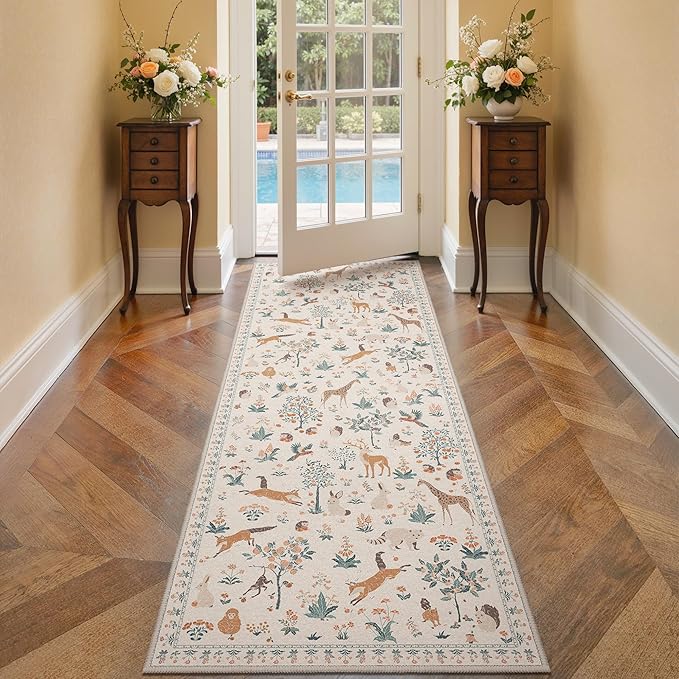 Runner Rug Non Slip 2'6''x 6', Floral Animal Print Rug Machine Washable Rug, Non Slip Low Pile Hallway Runner Carpet for Kitchen, Laundry, Bedroom, Bathroom,Nursery,Playroom, Beige