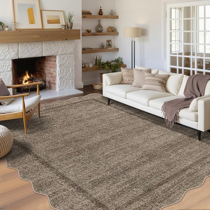 GarveeHome Scalloped Washable Rug 6x9 Area Rugs for Living Room Modern Taupe Nursery Rug Large Area Rug for Bedroom Non Slip Throw Rugs Soft Low Pile Stain Resistant Carpet for Classroom 6'x9' Taupe
