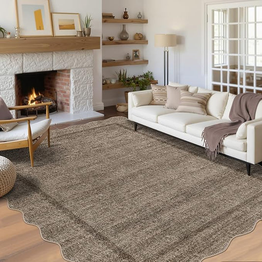 GarveeHome Scalloped Washable Rugs 10x13 Rug for Living Room Modern Bedroom Rug Taupe Large Area Rug Non Slip Throw Rugs Soft Low Pile Stain Resistant Carpet for Dorm Dining Room 10 ft x13 ft Taupe