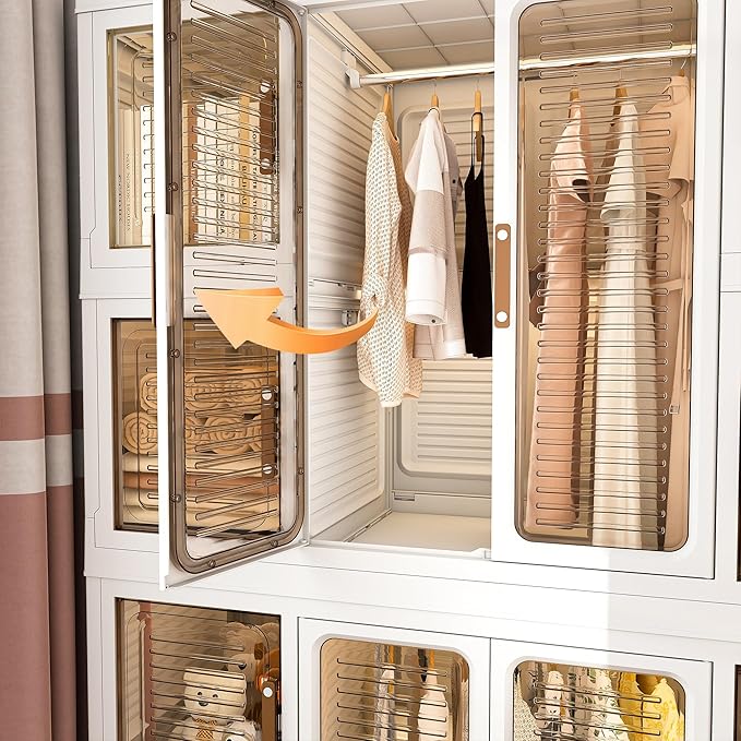 Portable Closet Wardrobe, Foldable Clothes Organizer with 10 Cubby Storage, 2 Hanging Rods, Easy Assemble Clothing Storage with 16 Hangers, Kids Wardrobe Cabinet