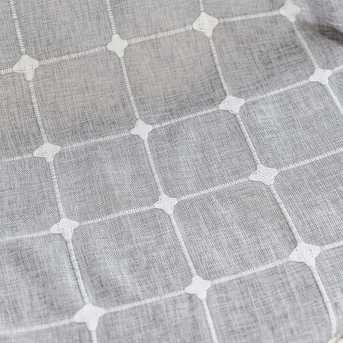 Deeprove Boho Curtains 84 Inches Long for Bedroom Kitchen, Cotton Linen Gray Plaids Embroidered Semi Blackout Bohemian Farmhouse Window Treatment Grids Drape Tassels, 1 Panel W52 x L84 Grey