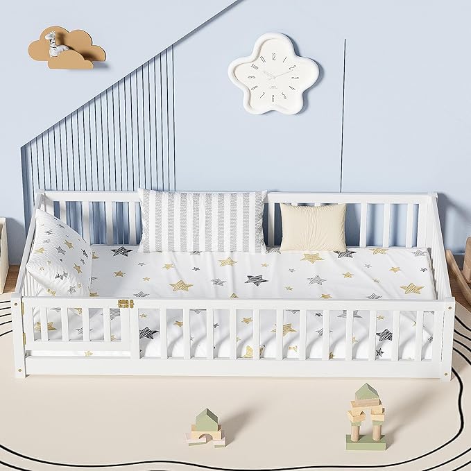 i-POOK Twin Floor Bed for Children, Sturdy Wood Montessori Bed Frame with Wood Slats, High Fence & Small Door, Montessori Floor Bed for Girls and Boys, White
