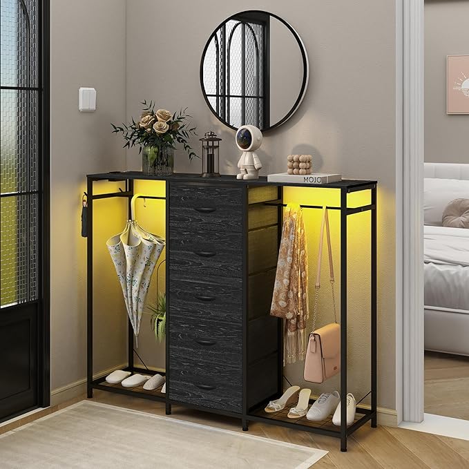 Dresser for Bedroom with Clothes Rack 5 Drawer Dresser with Charging Station LED Lights White Chest of Drawers Flexible Shelf and Open Storage Space for Bedroom Living Room (Charcoal Black)