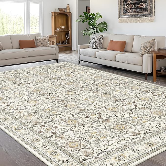 WITSHOCK Living Room Area Rugs 9x12: Washable Rug Boho Soft Non-Slip Low Pile Stain Resistant Foldable Carpet for Bedroom Playroom Dining Room Office Kitchen Farmhouse Home Decor Rug-Cream Color