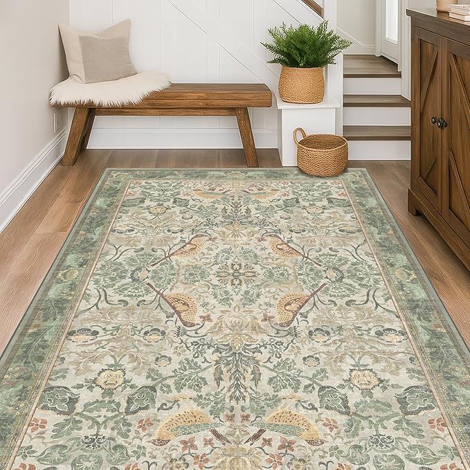 Washable Sage Green Area Rugs 5x7 for Living Room, Bedroom Bedside, Dinning Room, Office with Elegant Botanical Bird Pattern, Muted Green Non Slip Stain Resistant Low Pile French Country Decor