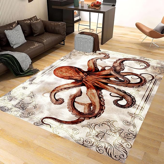 Octopus Area Rugs, 4x6ft, Vintage Ocean Octopus Print Indoor Throw Rug, Fade Resistant Durable No Crease Carpet, Rubber Backed Anti-Slip Printed Carpets for Bedside Dining Table