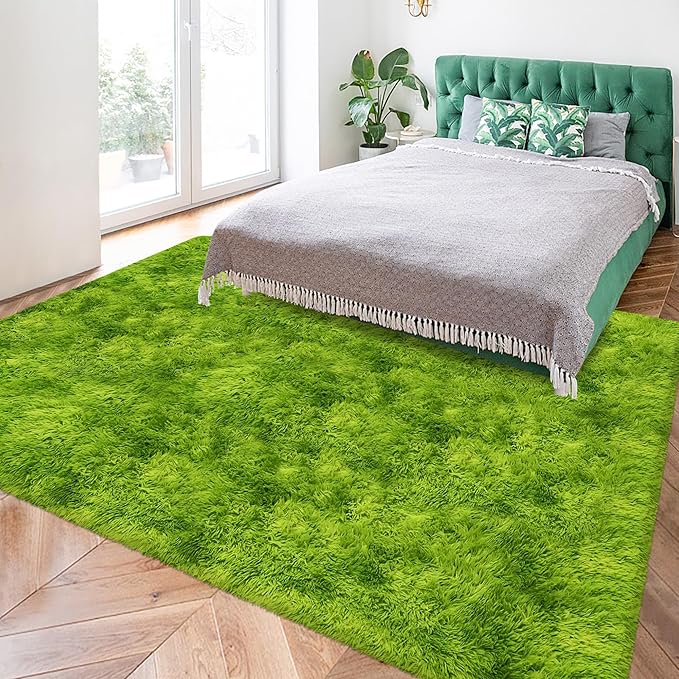 Tie Dyed Grass Green Shag Rug 5x8, Soft Plush Green Fluffy Rug Large Fuzzy Area Carpet for Living Room Bedroom Dorm Nursery Furry Indoor Floor Rug for Kids Girls Boys Home Decor Aesthetic