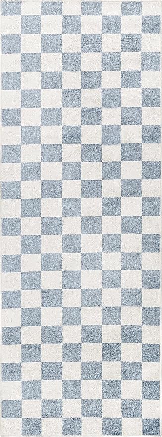 Mark&Day Washable Rugs, 3x7 Shaquina Modern Pale Blue Runner Checkered Rug, Blue Ivory Carpet for Hallway, Kitchen, Bedroom or Living Room (2'7" x 7'3" Runner, Machine Washable)