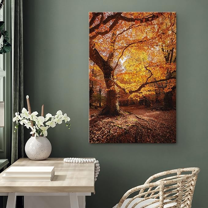 SIGNWIN Canvas Print Wall Art Autumn Red Leaf Oak Tree Forest Nature Wilderness Photography Modern Art Farmhouse/Country Landscape Colorful Multicolor Ultra for Living Room, Bedroom, Office - 12x18