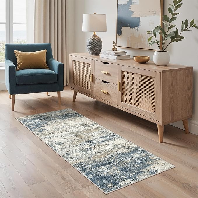 GENIMO Runner Rug Non Slip 2'6"x6', Washable Rug Runner for Hallways Kitchen, Abstract Modern Kitchen Rugs, Low Pile Lightweight Carpet Runners for Entryway, Bedroom, Laundry, Navy Blue