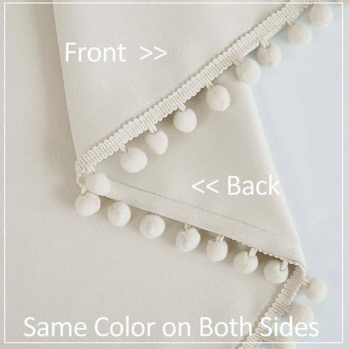 Treatmentex Pompom Window Curtains for Living Room Bedroom 95 inch Triple Weave Half Blackout Window Curtains for Hotel Guest Room Drapes 52" w x2 Panels Rod Pocket