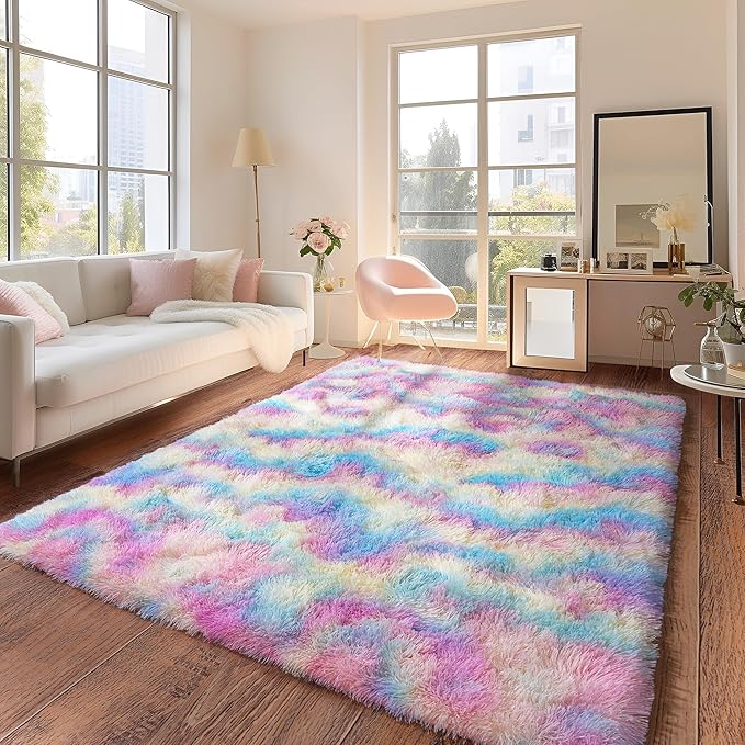 Rainbow Rug for Girls Bedroom, 4x6 Area Rug for Cute Girls Room, Bedside Indoor Floor Fluffy Shag Carpet, Plush Soft Rug for Living Room Nursery Dorm Home Decor