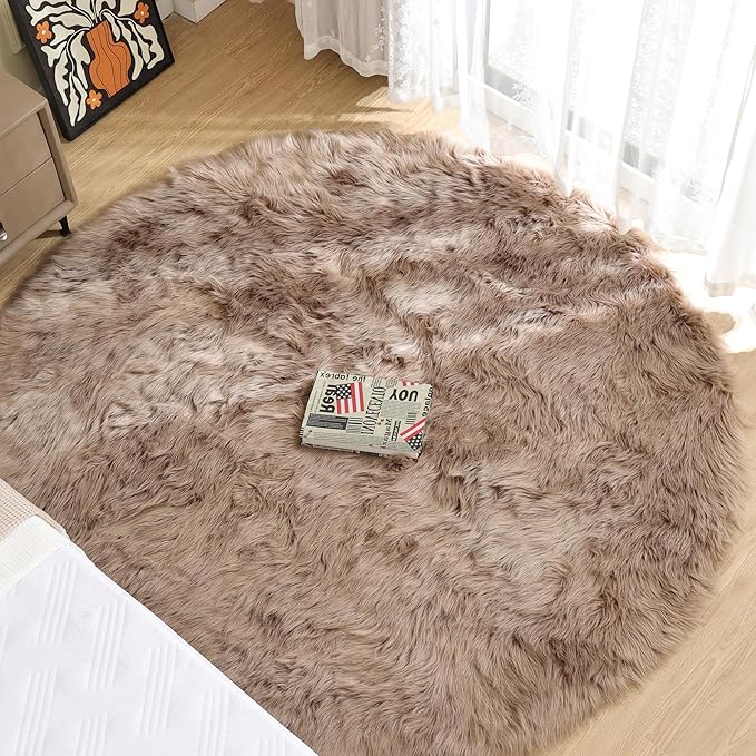 Beige Round Rugs 6ft Fuzzy Faux Sheepskin Washable Fluffy Fur Area Rugs for Bedroom Large Circle Nursery Living Room Shag Rug